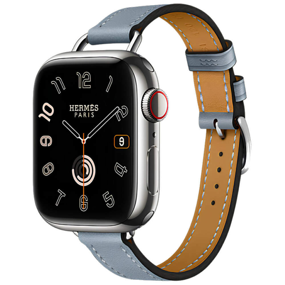 Apple Watch Series 9 Hermes 41 mm, тонкий кожаный ремешок голубого цвета
