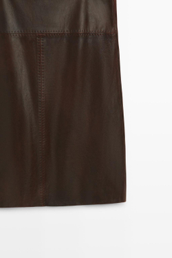 Massimo Dutti Прямая юбка-миди из кожи наппа с декоративными швами, коричневый