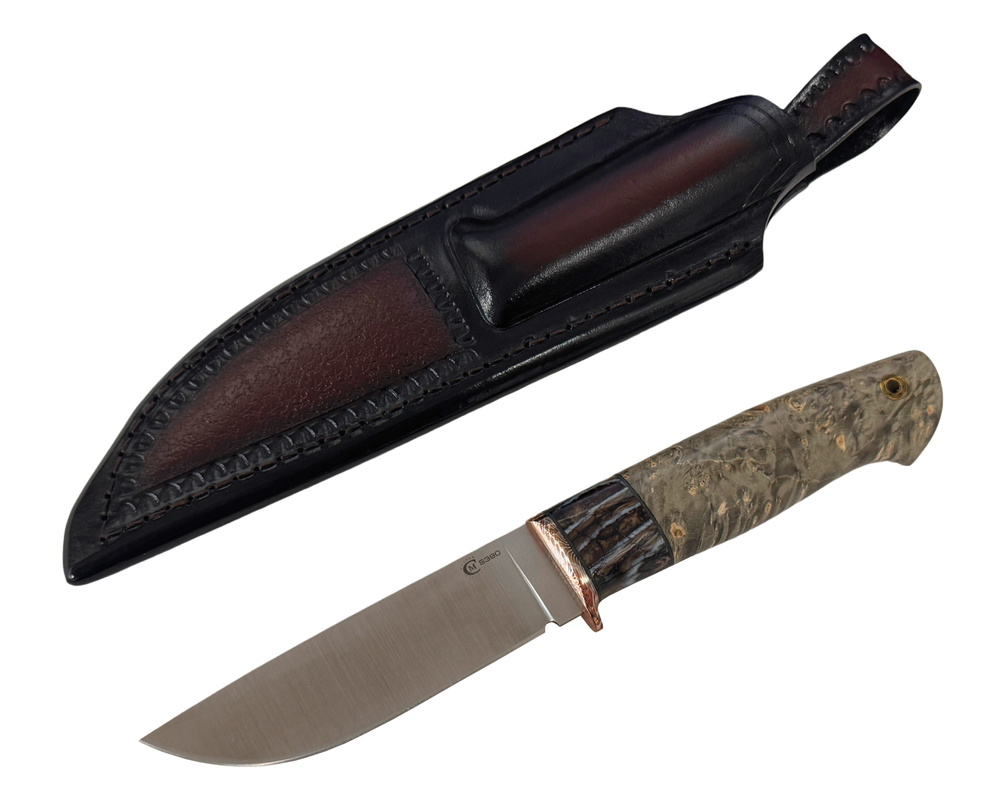 Нож Егерь, Bohler S390, макумэ ганэ, зуб мамонта, стабил.кап клёна, формованные ножны