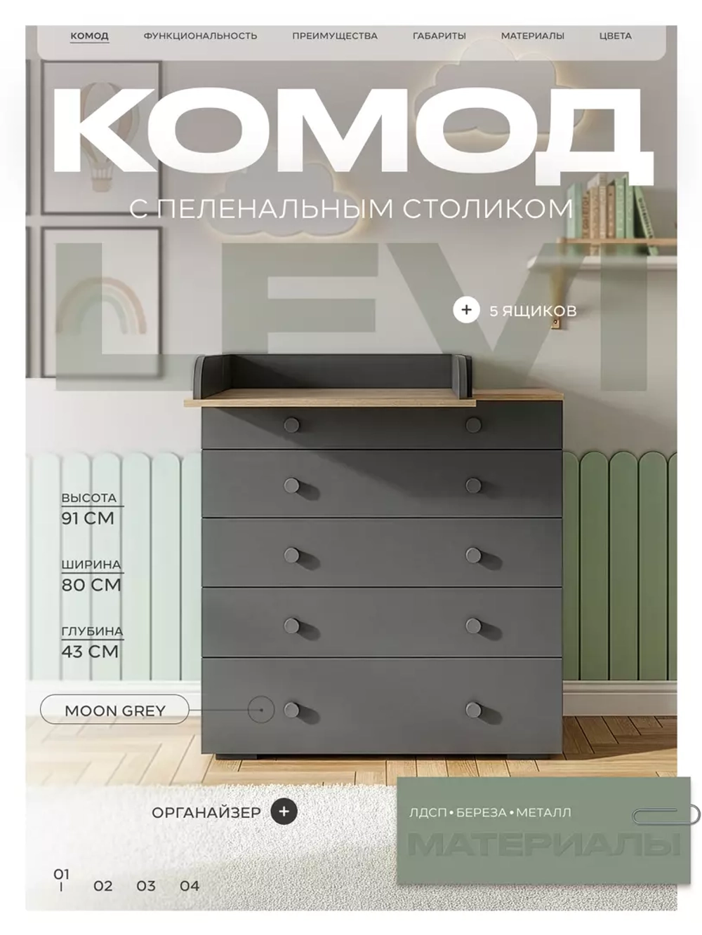 Комод RANT "LEVI" 80 см 5 ящиков с органайзером (арт.128) Moon Grey