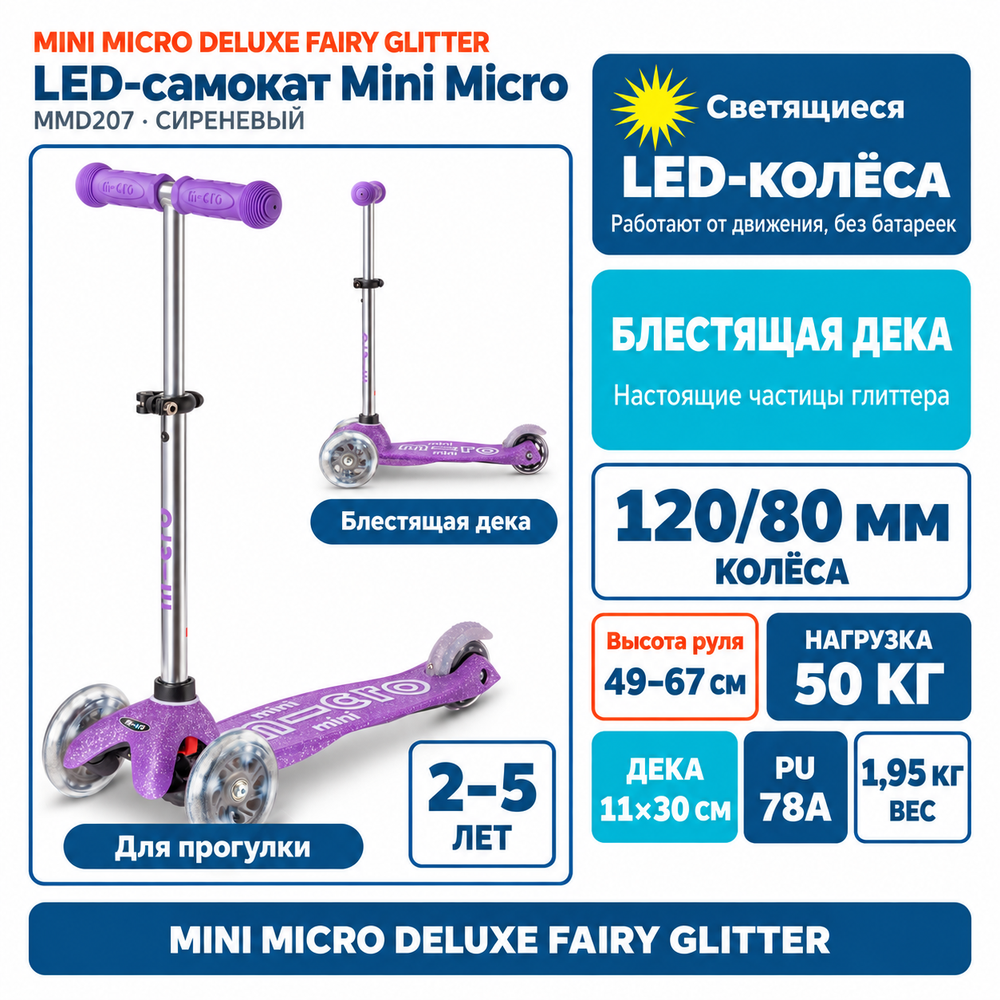Cамокат Mini Micro Deluxe Блестящий LED сиреневый