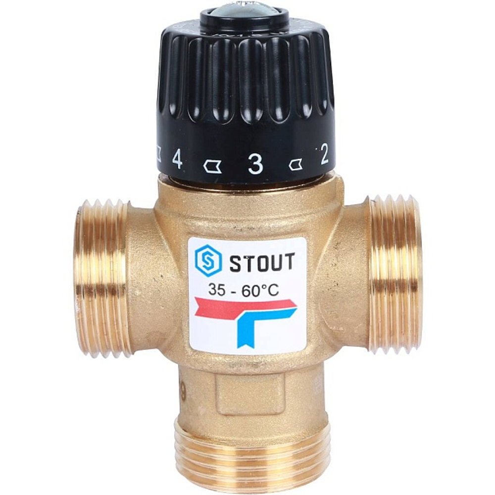 Клапан термостатический смесительный STOUT - 1" (НР, 35-60°C, Kvs 1.6, L-образное смешивание)