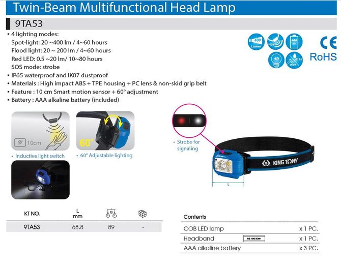 KING TONY 9TA53 Фонарь светодиодный, налобный, 1 Led COB, 3,7 В