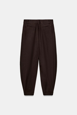 ZARA ЛЬНЯНЫЕ БРЮКИ BARREL, КОРИЧНЕВЫЙ