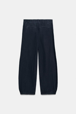ZARA БРЮКИ-БАРРЕЛЬ ИЗ 100% ЛЬНА — ZW COLLECTION, СИНИЙ