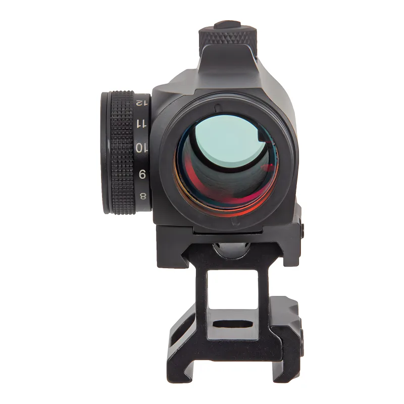 Коллиматор Target Optic 1x22, Weaver, красная марка, точка 2 MOA, проставка - вид спереди с объективом