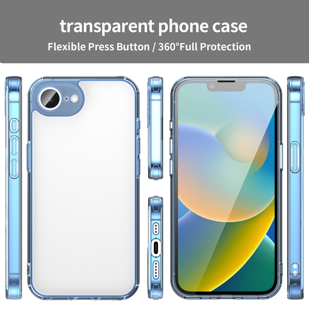 Чехол прозрачный для iPhone 16e и 17e, мягкие усиленные боковые рамки синего цвета