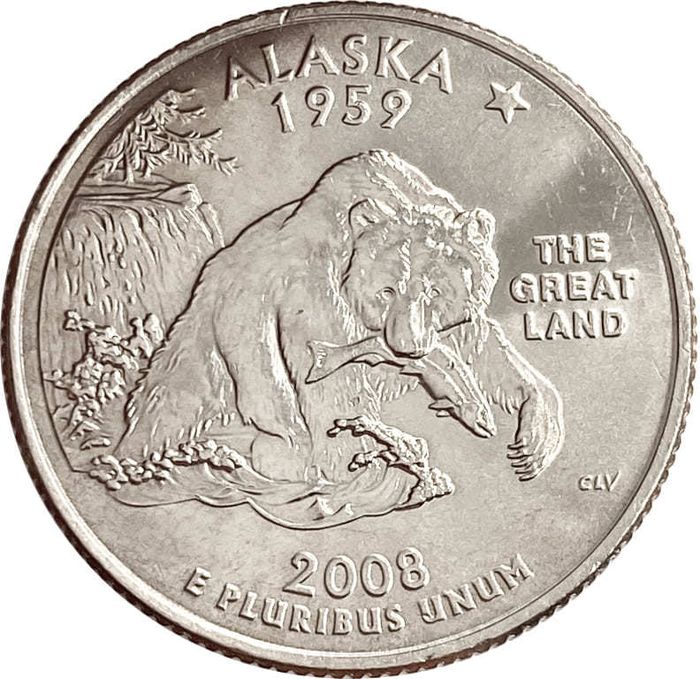 25 центов (1/4 доллара, квотер) 2008 США «Штат Аляска» (D) 25 центов (1/4 доллара, квотер) 2008 США «Штат Аляска» (D)