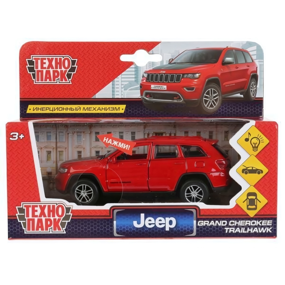 Модель ин. мет. 12см, "Jeep grand cherokee" свет-звук, красный в коробка (Технопарк)