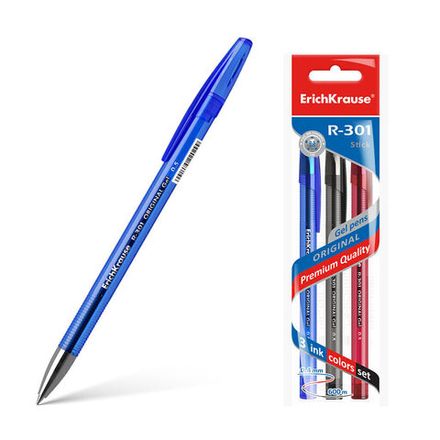 Набор гелевых ручек 3цв. ErichKrause R-301 Original Gel Stick, 0.5мм, прозрачный корпус, европодвес