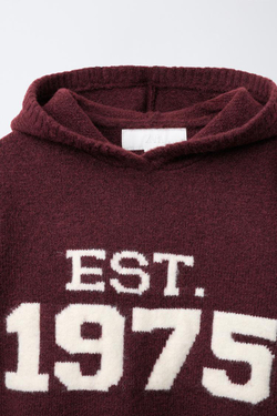 ZARA ТРИКОТАЖНЫЙ СВИТЕР С КАПЮШОНОМ И ПРИНТОМ, БУРГУНДИ