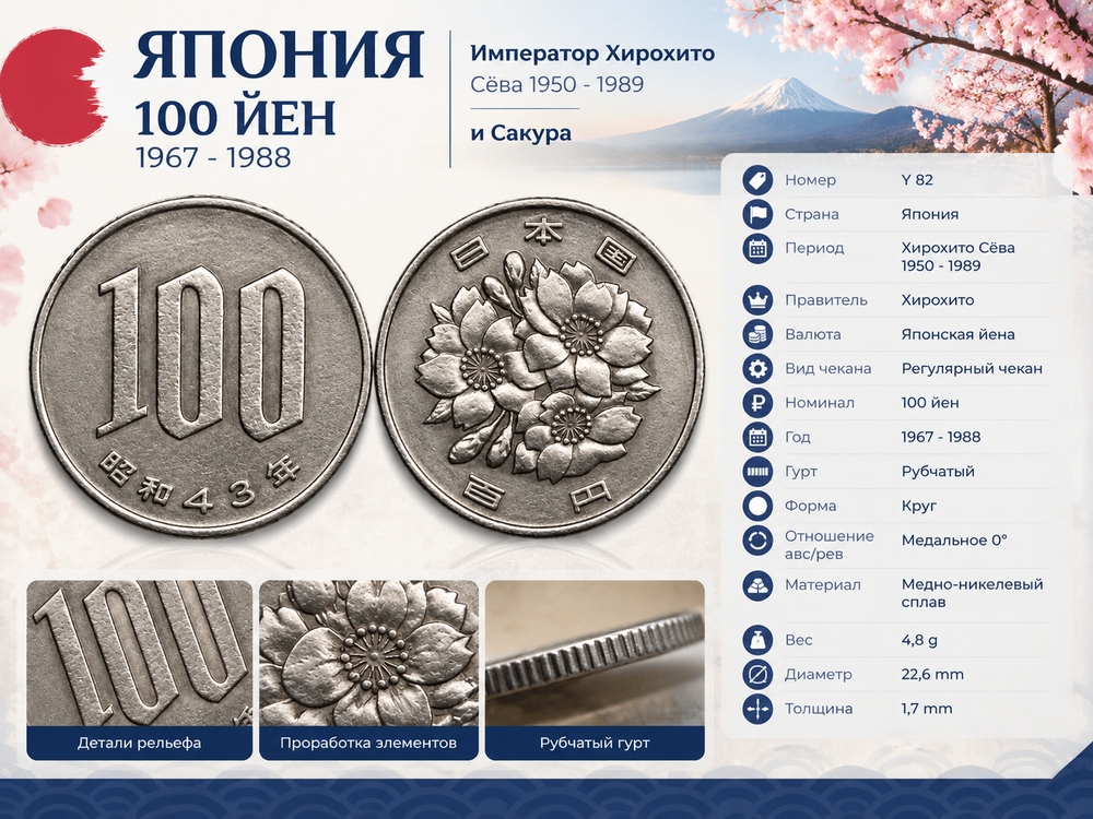 Япония 100 йен, 1968 Имератор Хирохито (Сёва) XF