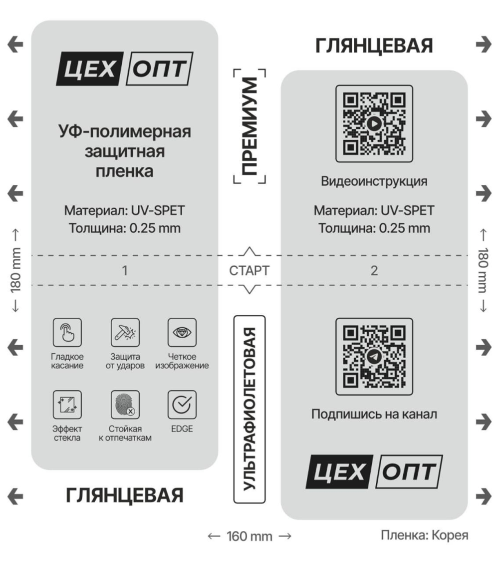 Гидрогелевая Глянцевая Ультрафиолетовая защитная пленка 160x180 0.25mm 2в1