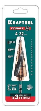 KRAFTOOL COBALT 4-32мм, 15 ступеней, азотирование, винтовая спираль, сверло ступенчатое(29691-4-32-15)