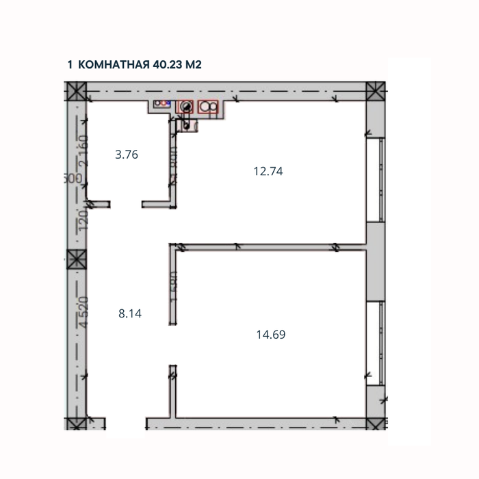 1-комн. квартира, 40,23 м²; 1/3 этаж