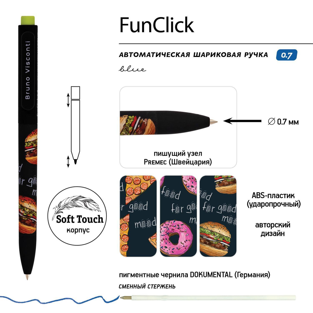 Ручка шариковая автоматическая BRUNO VISCONTI "FunClick", СИНЯЯ, "Food", ассорти, линия письма 0,5 мм, 20-0297/04
