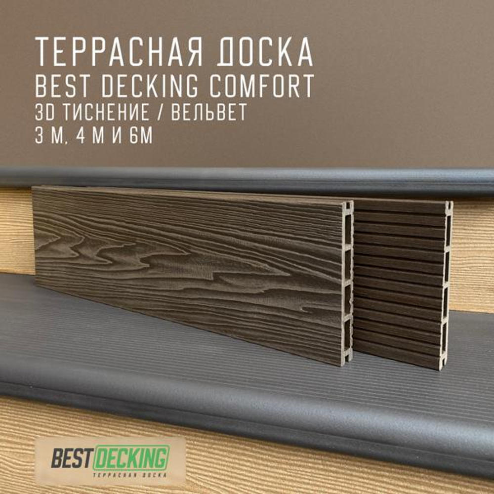 Террасная доска из ДПК Бест декинг (Best decking) комфорт 3D Тиснение/вельвет цвет: Венги