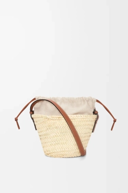 Loewe Сумка-корзинка на завязках из пальмовых листьев и телячьей кожи, натуральный/коричневый