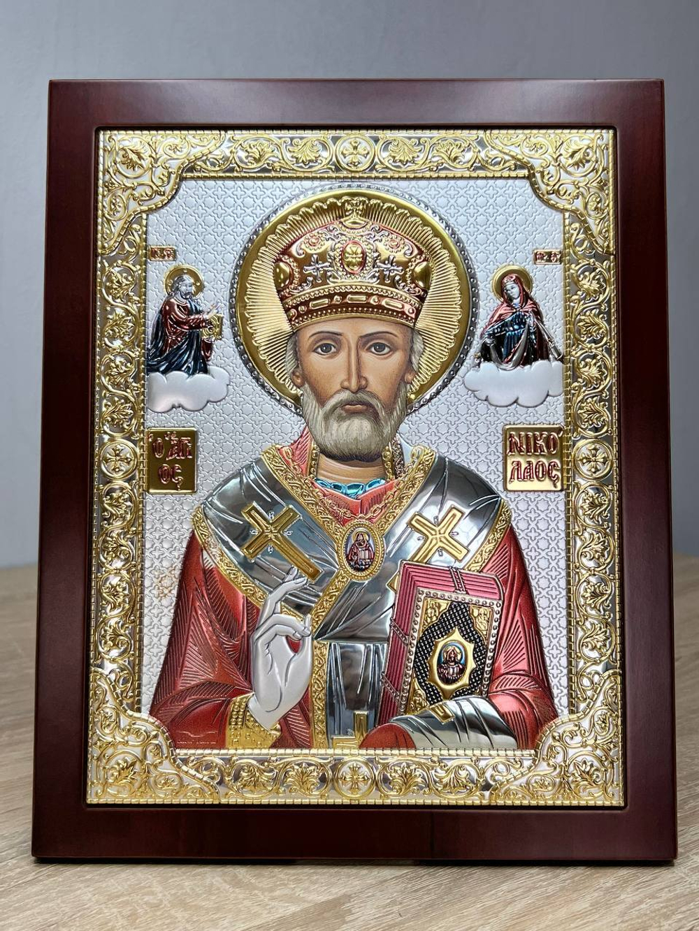 Николай Чудотворец, икона прямоугольная с рамкой, красное дерево, эмаль 150х190