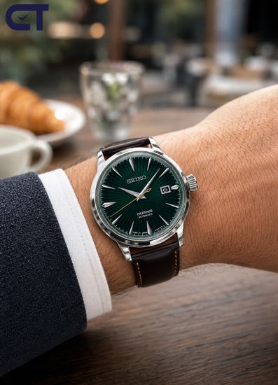 Seiko SRPD37J1 Presage Cocktail Time мужские наручные часы — Mockingbird с зелёным циферблатом и кожаным ремешком