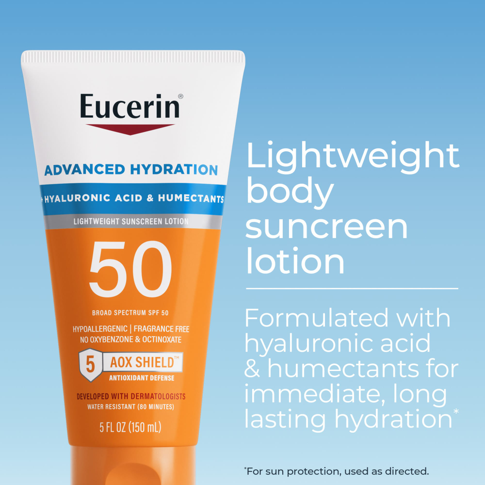 Eucerin, Advanced Hydration, легкий солнцезащитный лосьон, SPF 50, без отдушек, 150 мл (5 жидк. унц.)