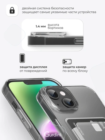 Чехол накладка iPhone 14 Plus 6.7" Gurdini силикон с отделением для карты прозрачный