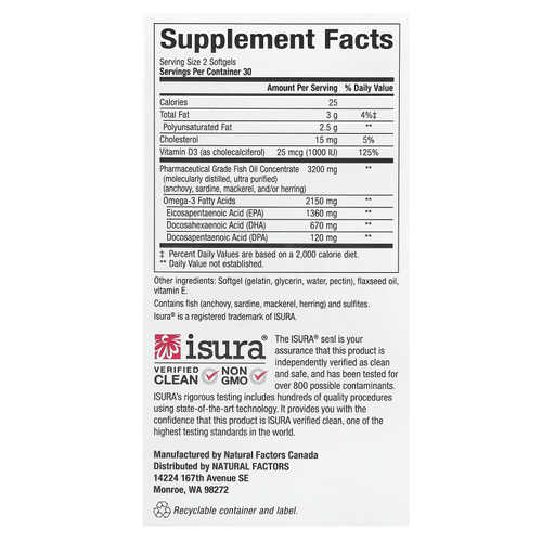 Natural Factors, RxOmega-3, повышенной силы действия с витамином D3, 60 мягких таблеток