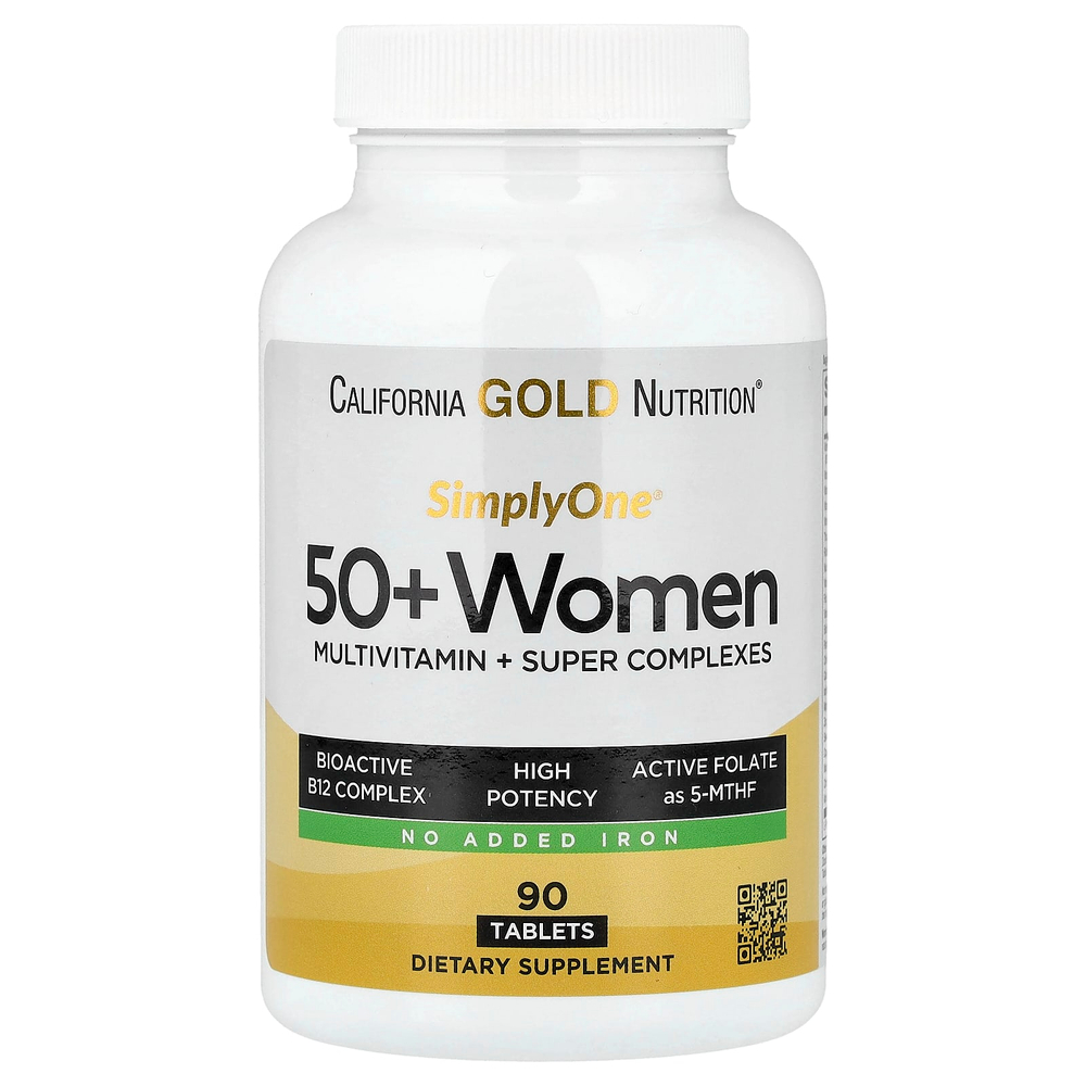 California Gold Nutrition, SimplyOne®, мультивитамины и суперкомплексы для женщин старше 50 лет, с витаминами A и C, минералами и растительными компонентами, без железа, 90 таблеток