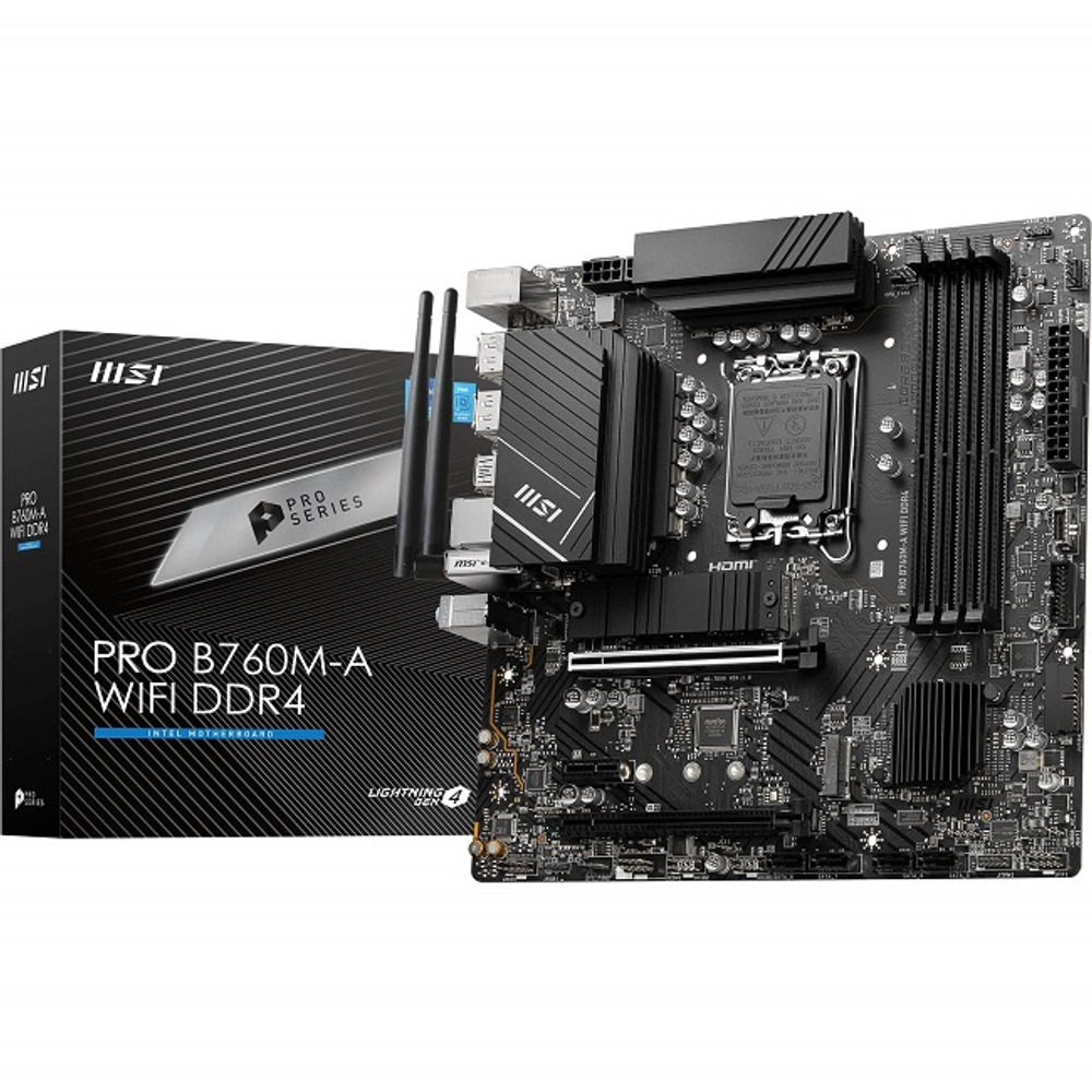 Материнская плата MSI PRO B760M-A WIFI DDR4 (LGA1700/B760/4xDDR4/2xPCI-Ex16./2xM.2/SB7.1/Wi-Fi/BT/GLAN/2xHDMI/2xDP/mATX)
