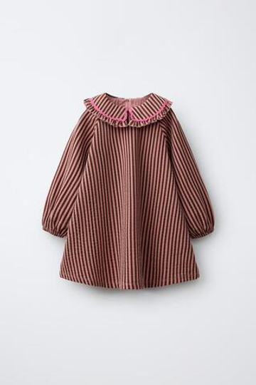 ZARA ПЛАТЬЕ В ПОЛОСКУ С КРУГЛЫМ ВОРОТНИКОМ, ШОКОЛАДНЫЙ