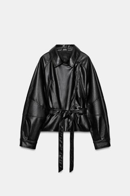 ZARA КУРТКА ИЗ ИСКУССТВЕННОЙ КОЖИ С ПОЯСОМ, ЧЕРНЫЙ