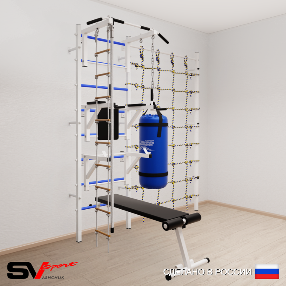 Шведская стенка Sv Sport усиленная 69520 (Турник стандарт/Брусья/Стойка/Скамья/Канат/Лестница/Цепь/Мешок 22кг/Канатный лаз)