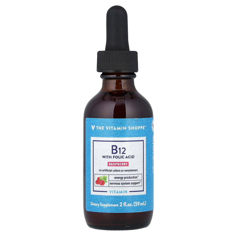 The Vitamin Shoppe, Витамин B12 с фолиевой кислотой, малина, 59 мл (2 жидк. Унции)