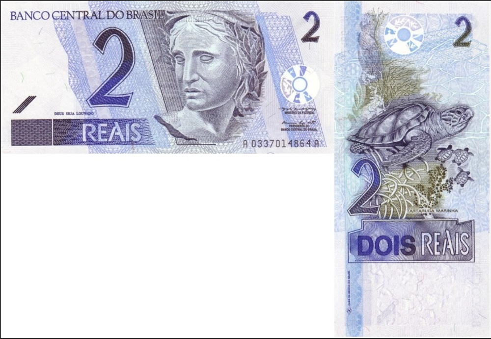 Бразилия 2 реала 2001-2012 Морская черепаха UNC