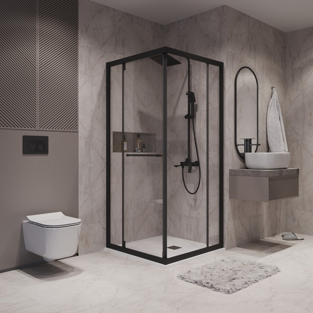 Душевое ограждение Niagara Nova NG-6833-34ВLACK (90х90х195) квадрат,черный матовый,двери раздвижные,стекло прозрачное,1 место
