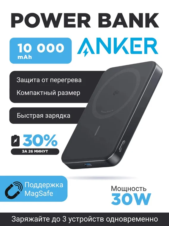 Повербанк Anker с MagSafe и быстрой зарядкой на 10000mAh, 30W черный (powerbank) для iPhone. Товар уцененный
