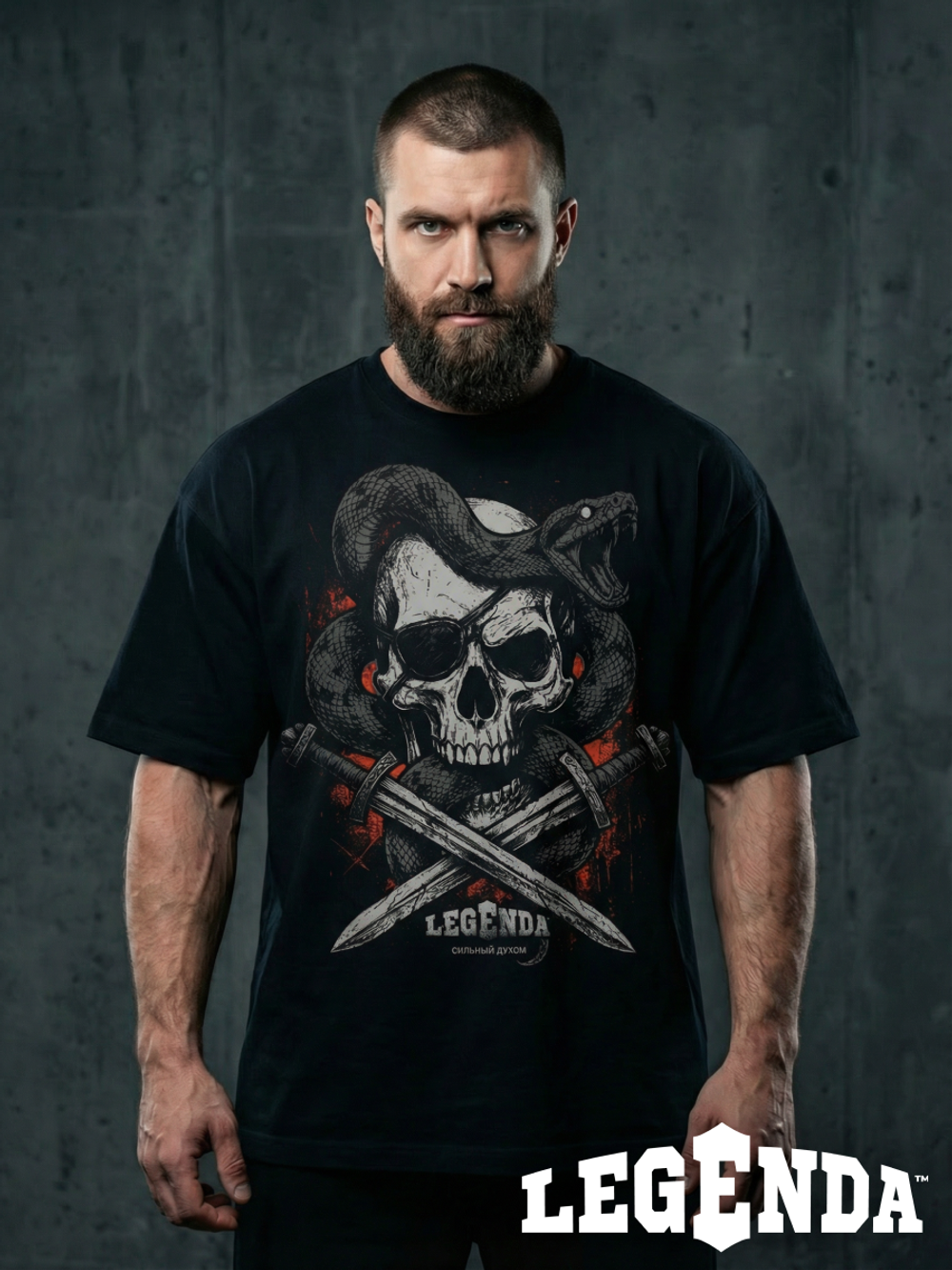 Футболка оверсайз хлопковая черная LEGENDA Весёлый Роджер (красный фон)