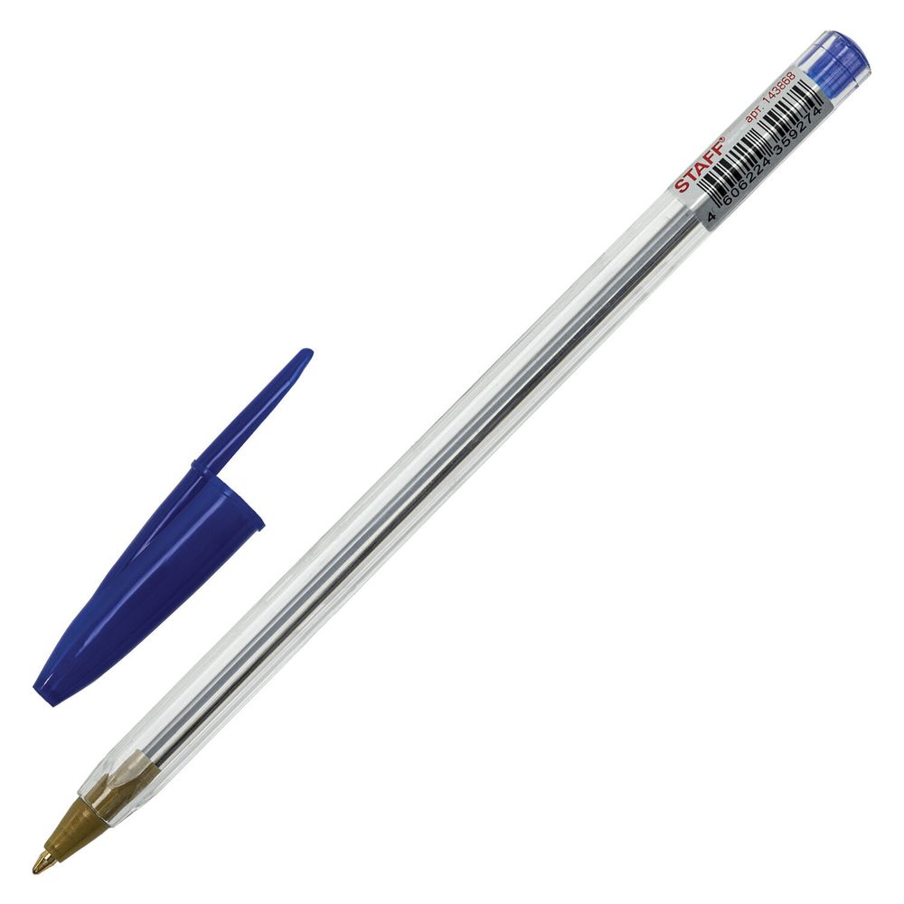 Ручка шариковая STAFF "Basic Budget BP-04", 1шт, СИНЯЯ, линия письма 0,5 мм, с штрихкодом, 143868