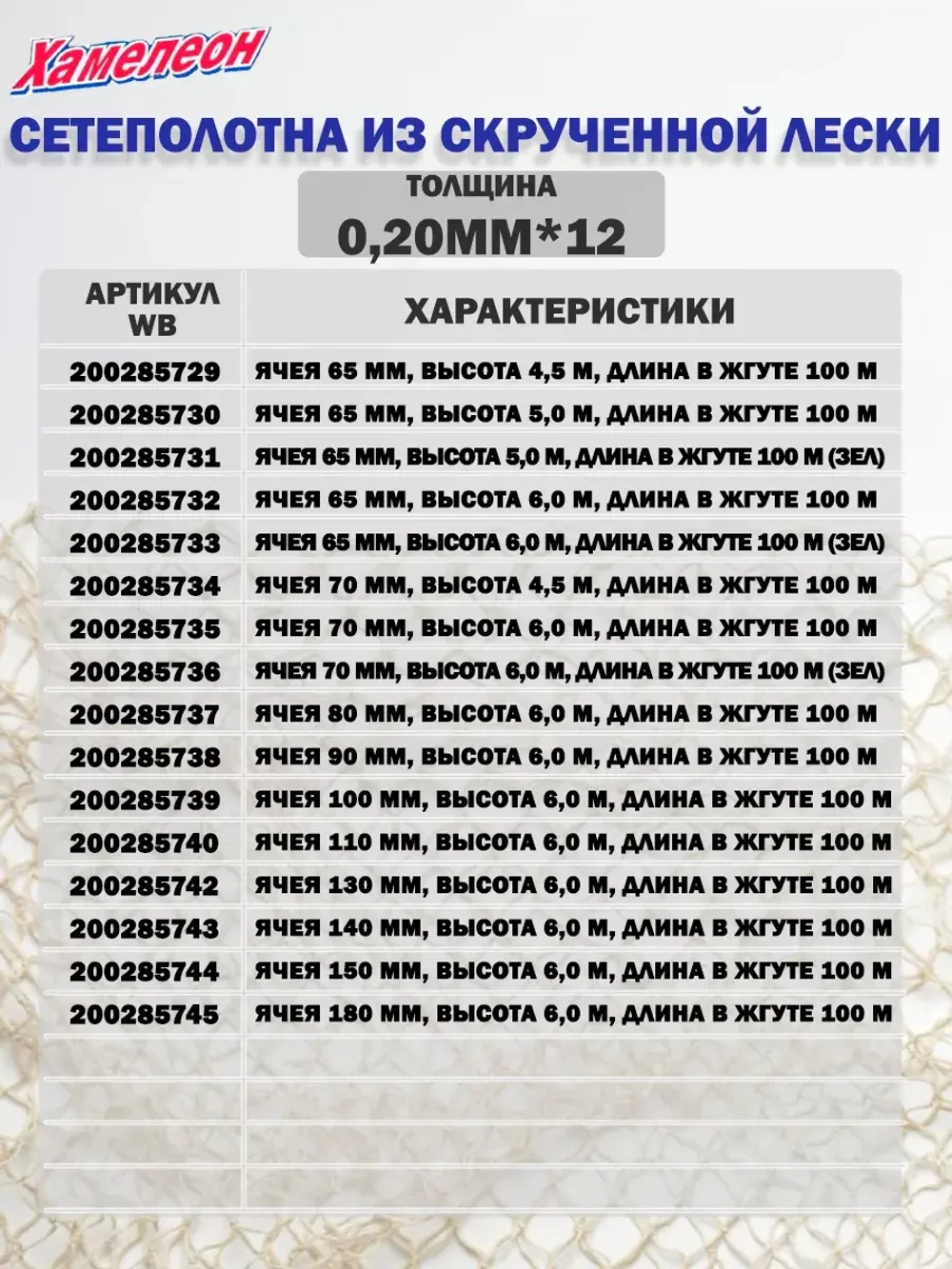 Сетеполотно скр.леска 0,12мм*3, яч. 52мм, высота 1,8м кукла