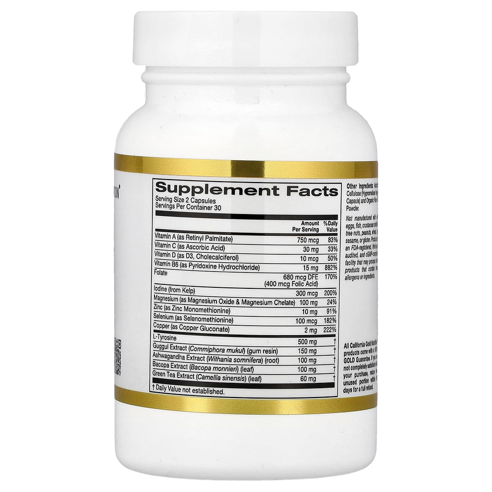 California Gold Nutrition, добавка для поддержки щитовидной железы с экстрактами гуггула, ашваганды, бакопы и зелёного чая, 60 растительных капсул