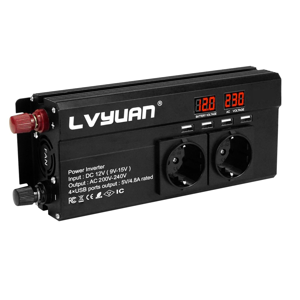 Инвертор 12V-220V 1500W б/накл Lvyuan 2 розетки под прикуриватель