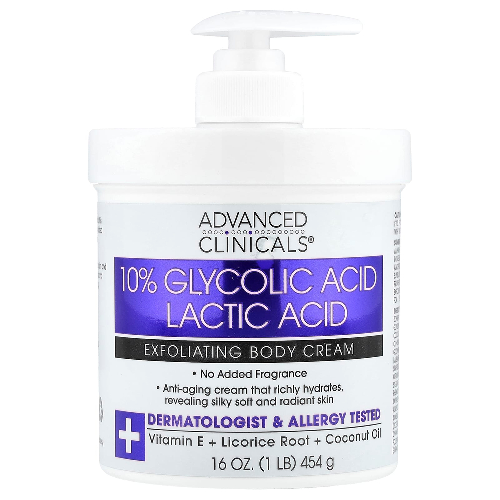 Advanced Clinicals, 10% гликолевая кислота, молочная кислота, отшелушивающий крем для тела, 454 г (16 унций)