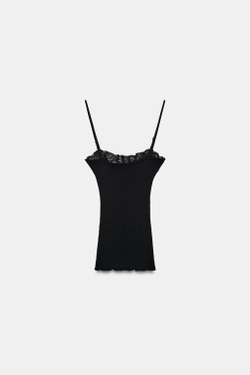 ZARA КРУЖЕВНОЙ ТОП НА БРЕТЕЛЯХ, ЧЕРНЫЙ