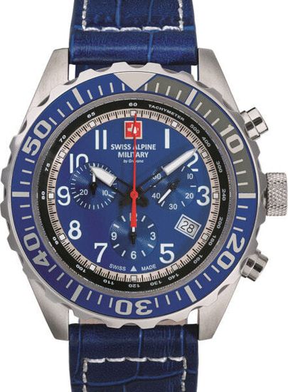 С ремешком Мужские наручные часы с синим кожаным ремешком Swiss Alpine Military 7076.9535 chrono 44mm 10ATM