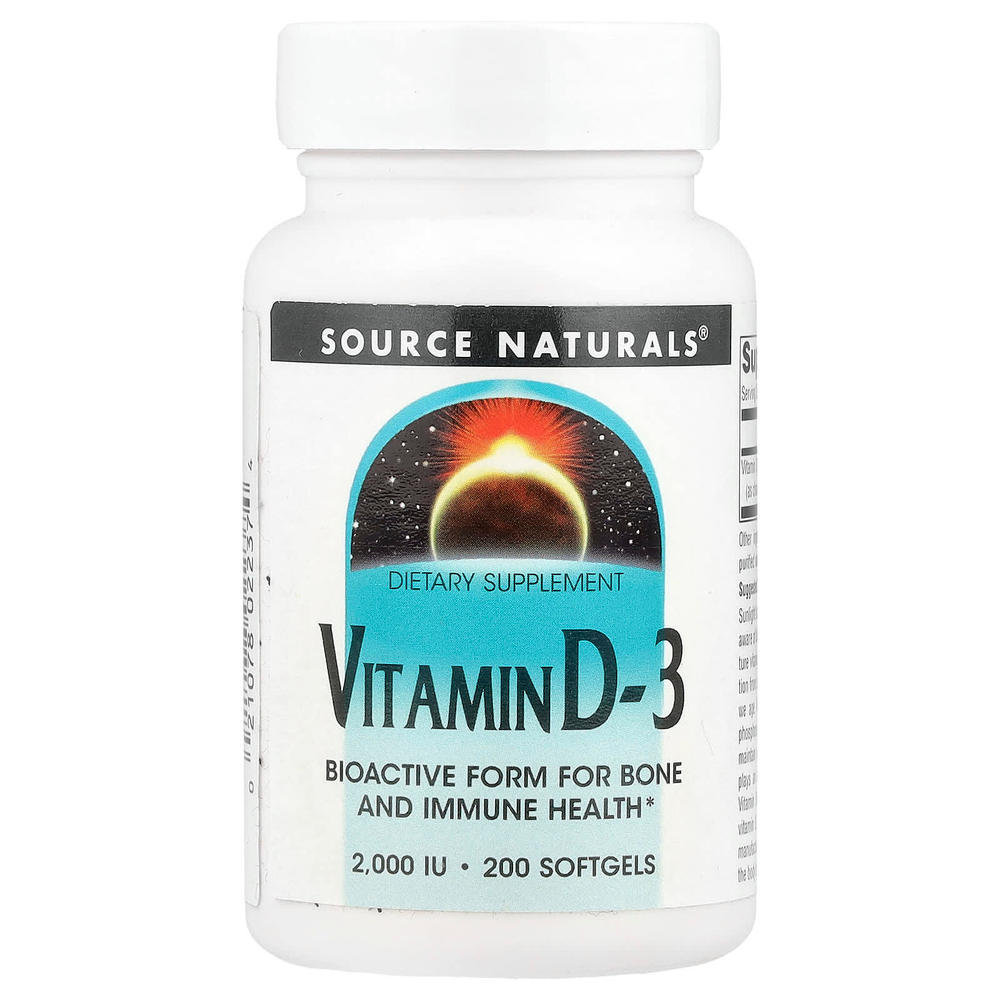 Source Naturals, витамин D3, 50 мкг (2000 МЕ), 200 мягких таблеток