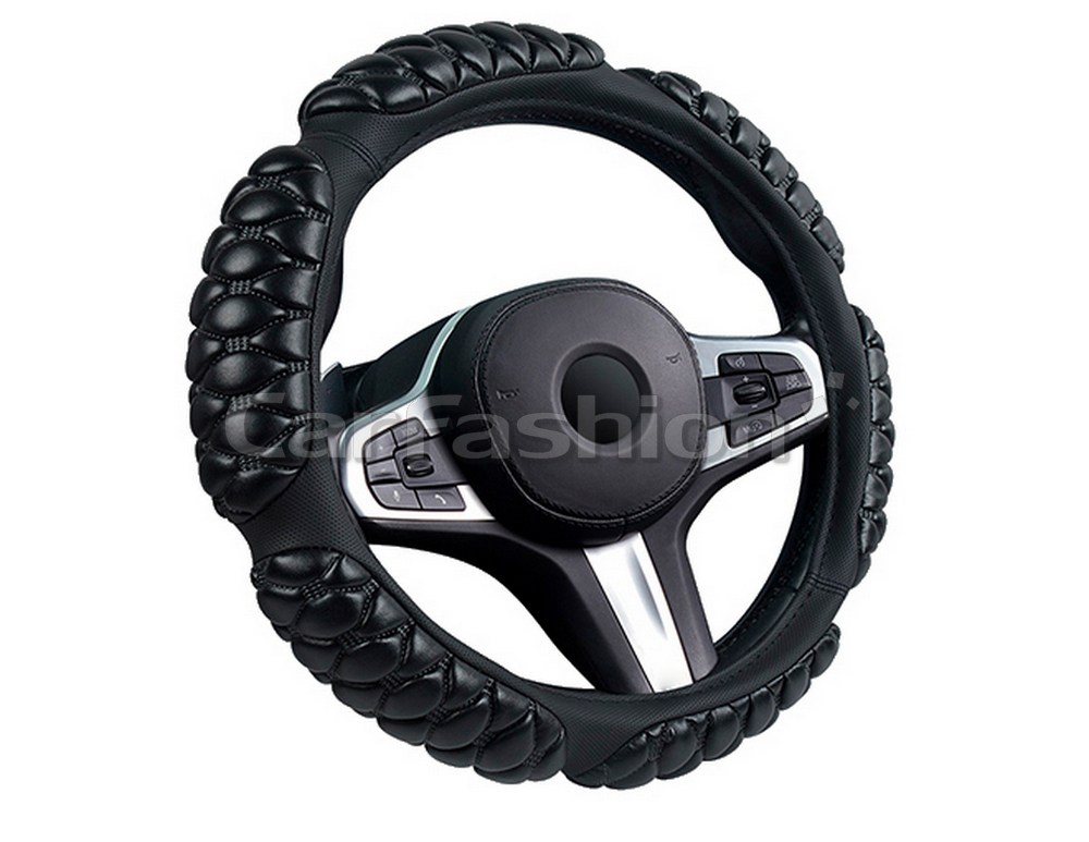 Оплетка на руль круглая CarFashion -М- «BLACKBERRY» 31656 - Экокожа - черный/шов черный