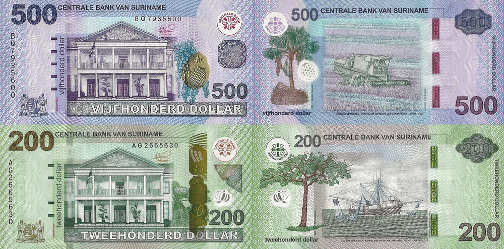 Суринам 200 - 500 долларов 2024, набор 2 банкноты UNC