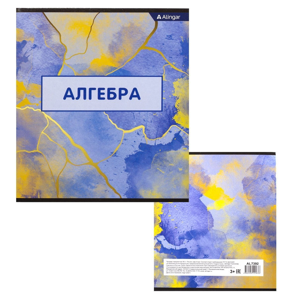Тетрадь предметная "Алгебра" А5 36л., со справочным материалом, скрепка, мелованный картон (стандарт), блок офсет, Alingar "Мрамор"