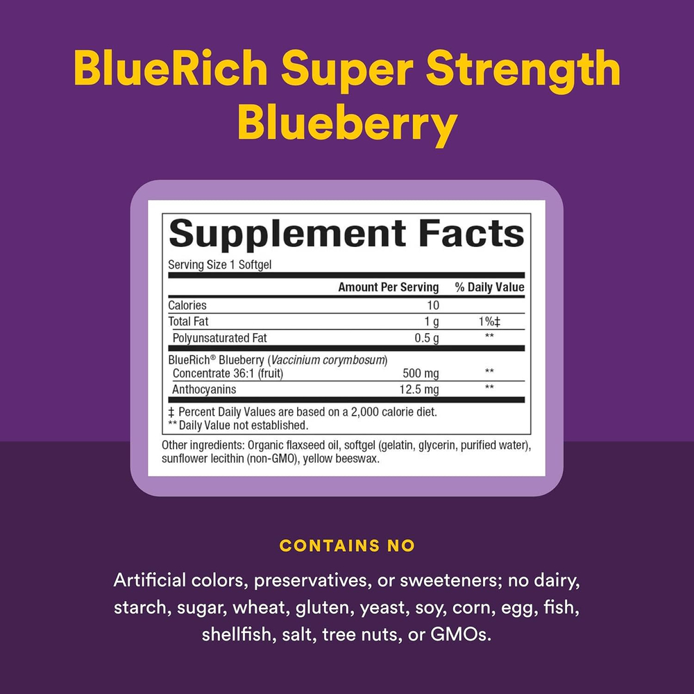 Natural Factors, BlueRich, супер эффективность, концентрат черники, 500 мг, 90 мягких таблеток