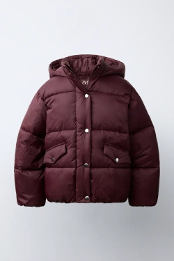 ZARA СТЕГАНАЯ КУРТКА WATER-REPELLENT С КАПЮШОНОМ, БУРГУНДИ